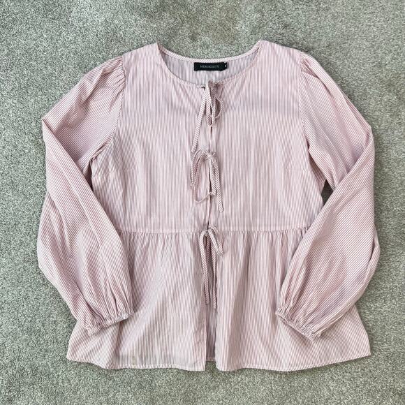 Striped Light Red Tie Bow Front Long Sleeve Blouse Top (Sz M) - Picture 7 of 11